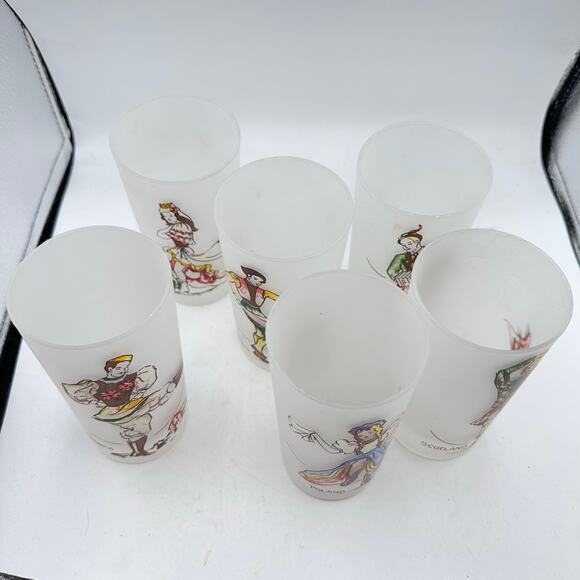 Set of 6 Vintage Frosted Federal Glass Around the World Cocktail Glasses - Picture 7 of 9